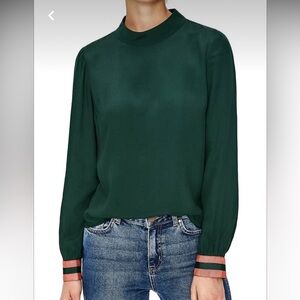 Boden NWT Louise Dark Green Mock Neck Blouse Pink Trim Sleeves Size 8